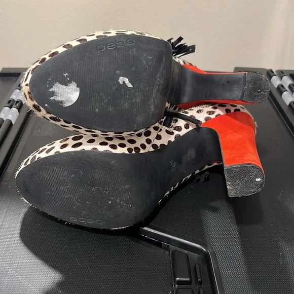 BeBe Leopard Print Heeled Side Zippered Booties with Red Heels and Tassels - Picture 5 of 8